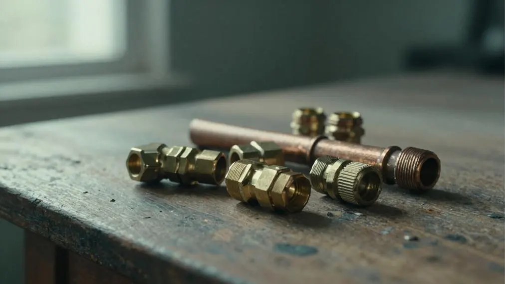 Copper pipe and brass compression fittings laid out on a wooden workbench.